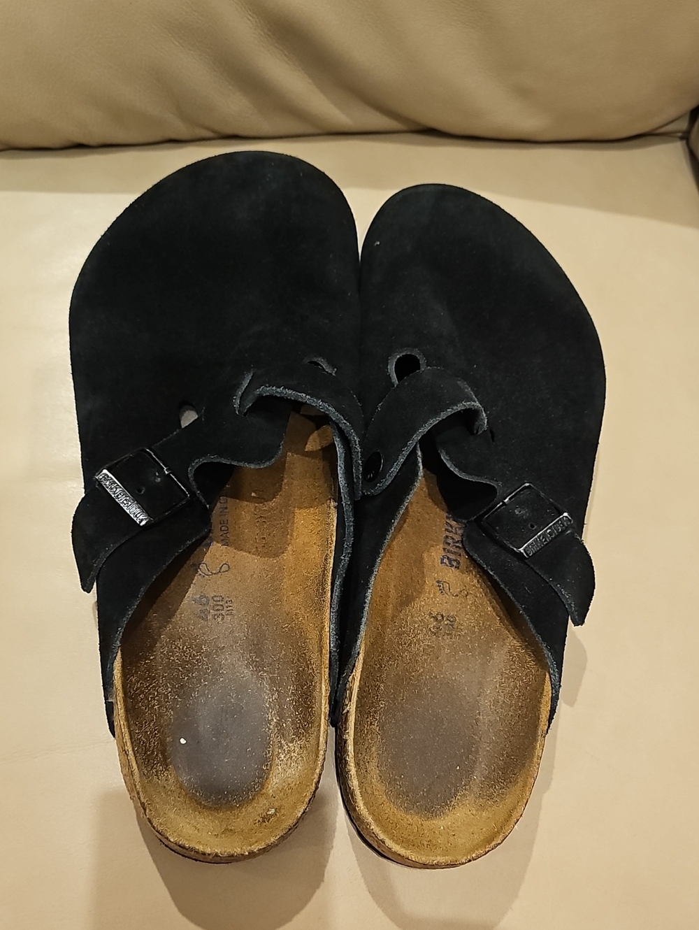 Mens Birkenstock Black Suede Buckle Mules
